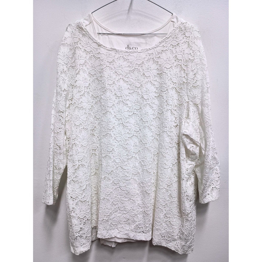 Denim & Co Lace Overlay Top Women 1X White Floral 3/4 Sleeve Romantic Dressy